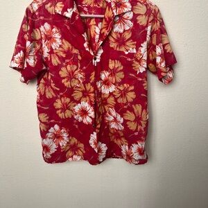 Vintage 1950s Men's Red Floral Casual Button-Down Hawaiian Shirt